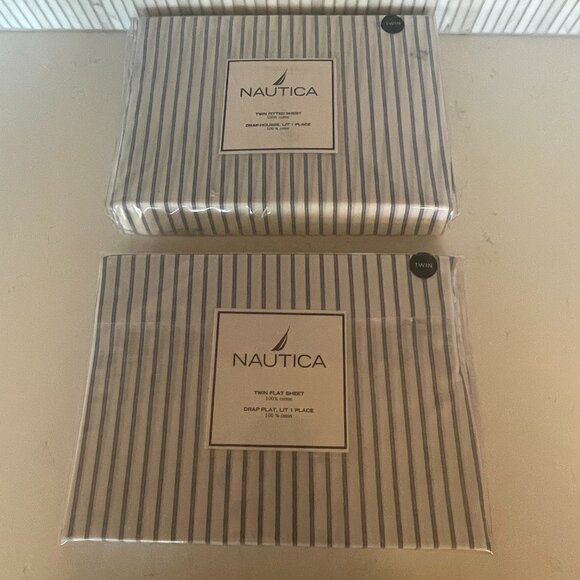 Nautica Boardroom Stripe‎ Twin Sheet Set in Blue and White, NWT - Picture 1 of 6